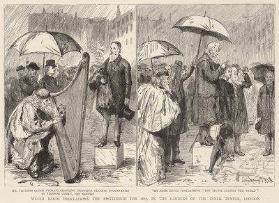Walisische Barden verkünden das Eisteddfod für 1887, in den Gärten des Inner Temple, London von Sydney Prior Hall